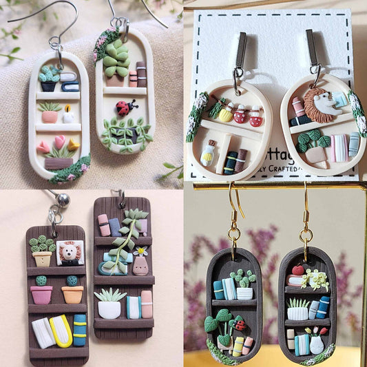 Handmade cottagecore bookshelf polymer clay earrings with plants - Unique jewelry gift for plant and book lovers