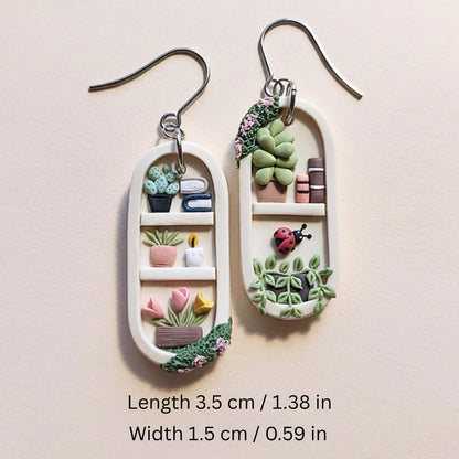 Handmade plant shelf and books polymer clay earrings