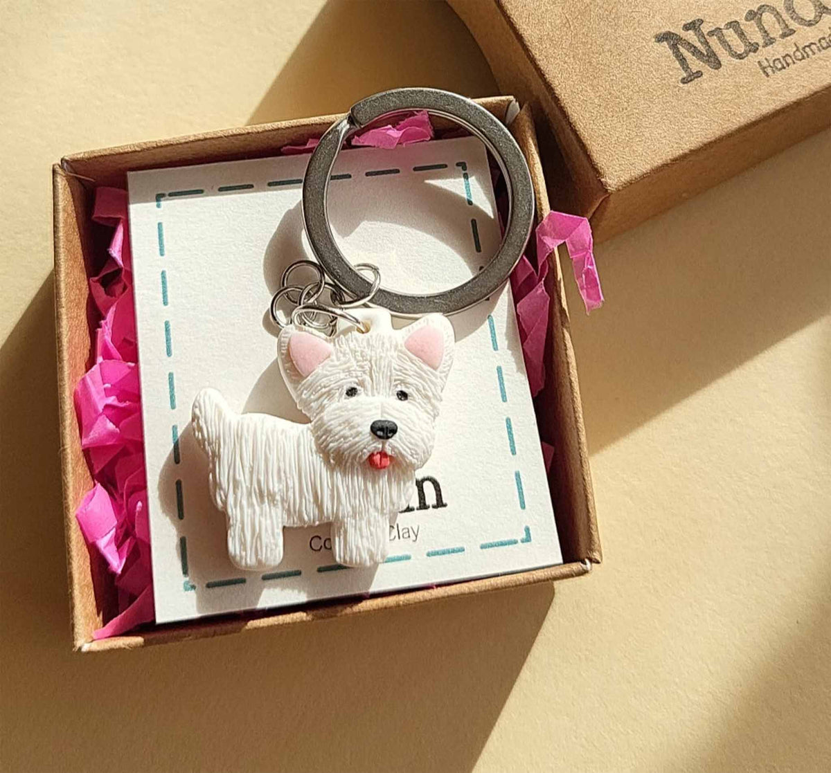 Cute Westie dog keychain, polymer clay Westie lover gift – Rankų darbo raktų pakabukas su Westie šuo 