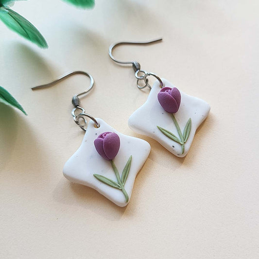 Cute small Tulip flower polymer clay earrings handmade jewelry