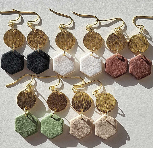 minimalist hexagon polymer clay earrings with brass disc