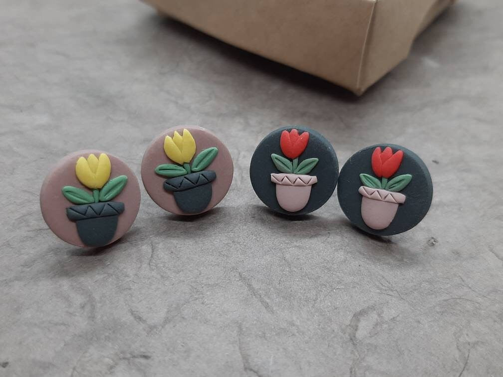 Tulip Flower Stud Earrings • Polymer Clay Jewelry