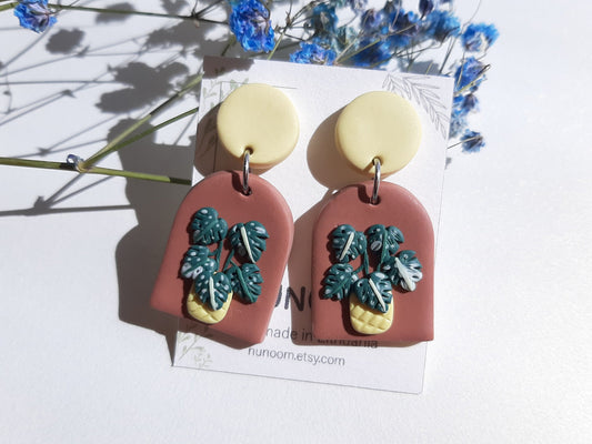 Monstera Leaf Earrings, Cute Plant Jewellery, Polymer Clay