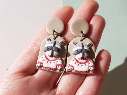 Lustige Waschbär-Ohrringe | Handgefertigter Schmuck aus Polymer Clay