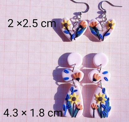 Pendientes de arcilla con flores, colgantes y colgantes, primavera, verano, joyería hecha a mano, regalo para ella