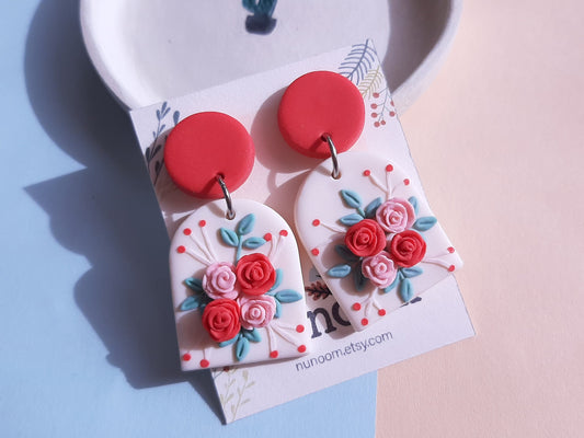 Rose Earrings, Handmade Polymer Clay Jewelry, Statement Earrings