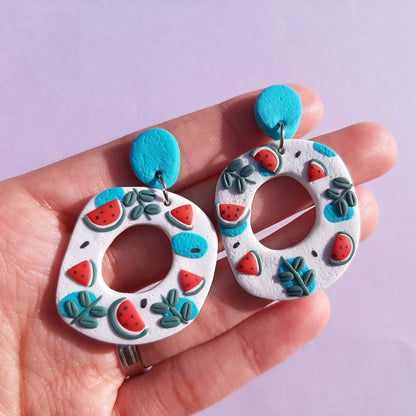 Wassermelonen-Ohrringe, Polymer-Ton-Ohrringe, Fruchtschmuck, Sommer, Statement-Schmuck, Geschenk für Frauen