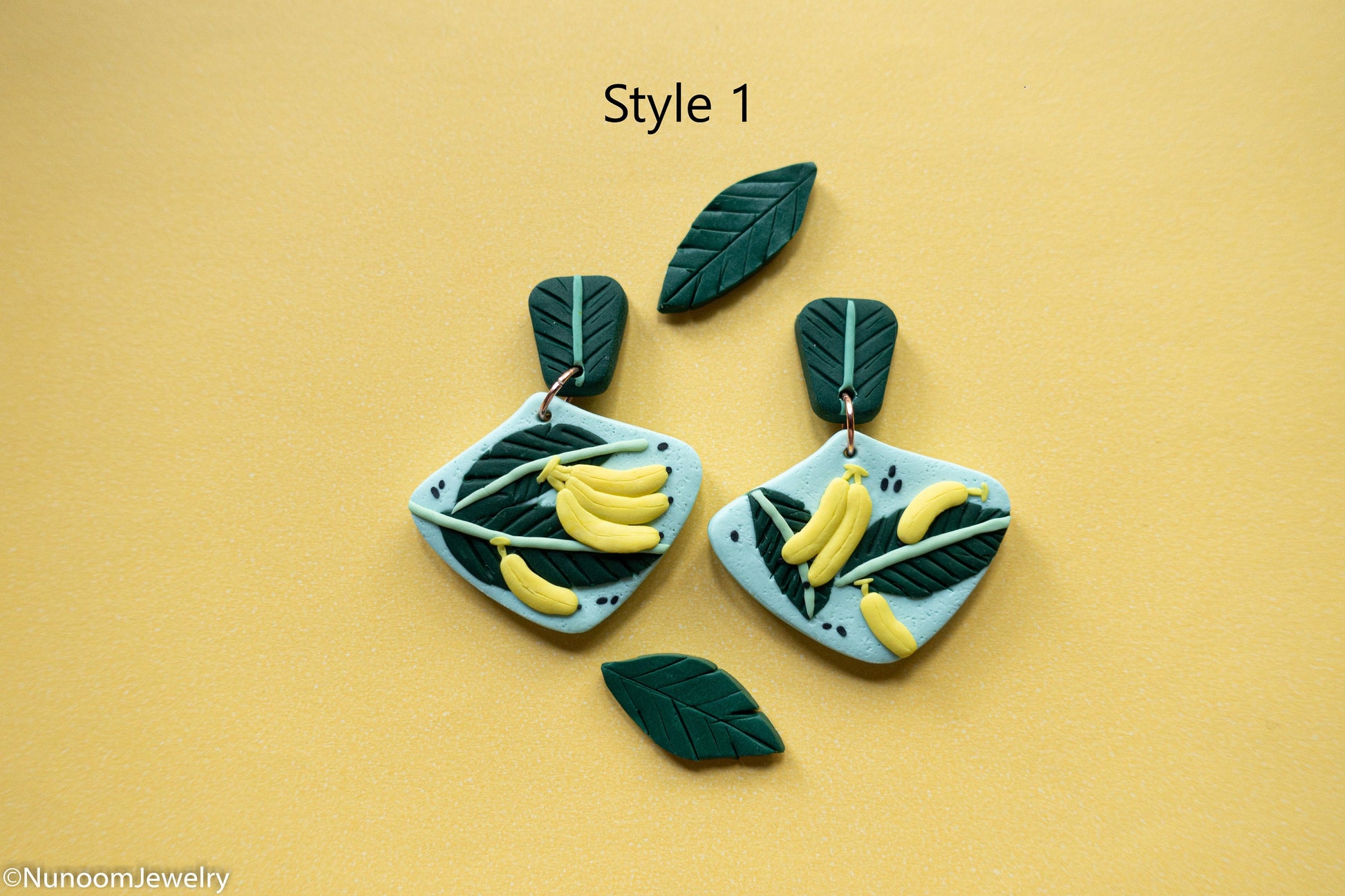 handmade polymer clay banana leaf earrings