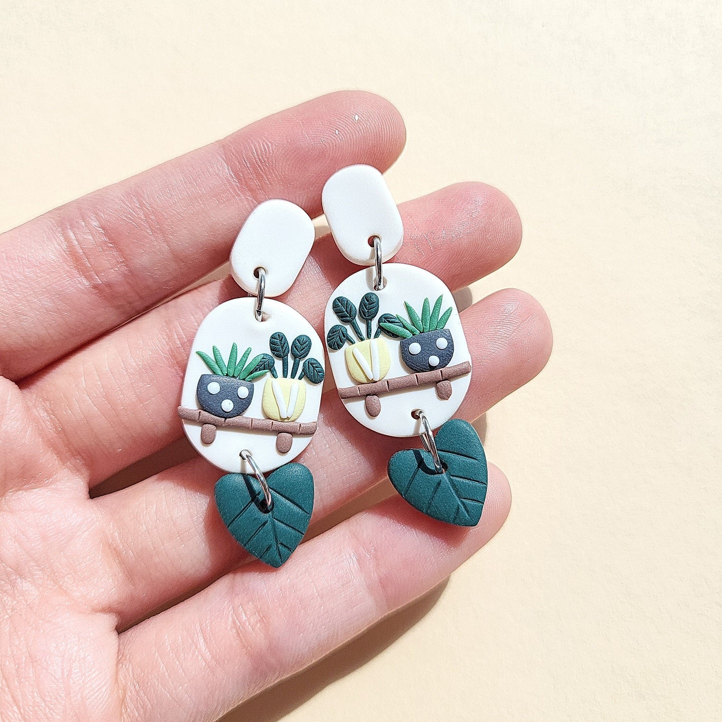 Dangle Plant shelf Earrings | Green Leaf Earrings | Polymer Clay Jewelry