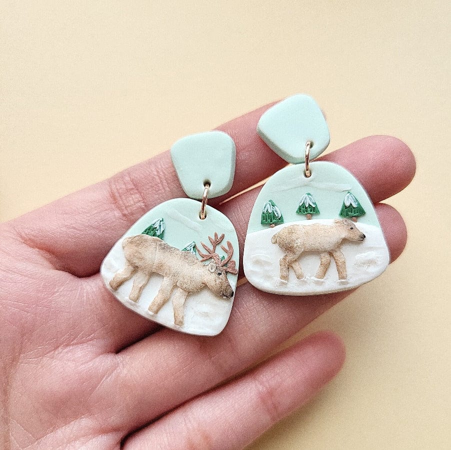 Winter Reindeer Earrings • Handmade Polymer Clay Jewelry