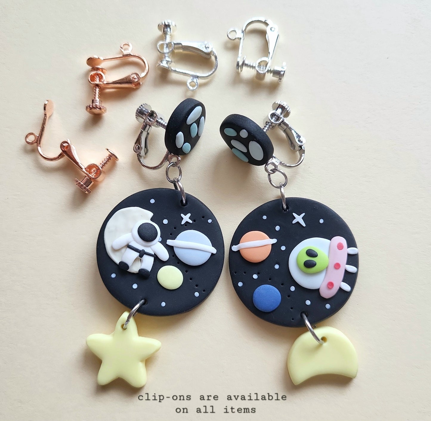 Space Astronaut Earrings, UFO Alien Galaxy Jewelry, Cute Earrings, Moon Phase Star, Clip-Ons, Christmas Gift for Her