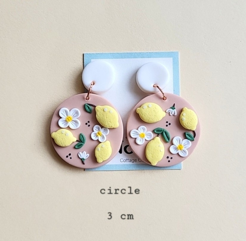 Cute Lemon Earrings With White Flower | Polymer Clay Jewelry