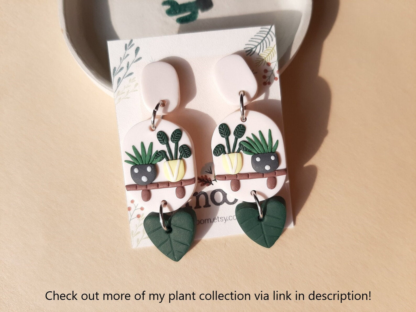 Dangle Plant shelf Earrings | Green Leaf Earrings | Polymer Clay Jewelry