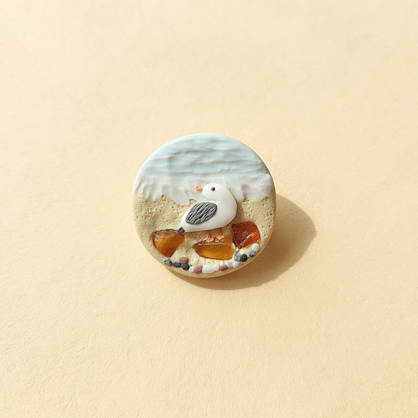 Seagull Bird Brooch With Baltic Sea Amber Stone, Handmade Clay Brooch, Bird Lover Gift