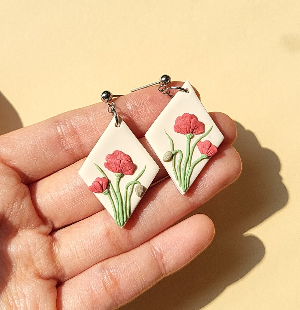 Poppy Flower Earrings, Polymer Clay Earrings, Handmade Jewelry, Gift For Mom, Spring Summer Jewellery