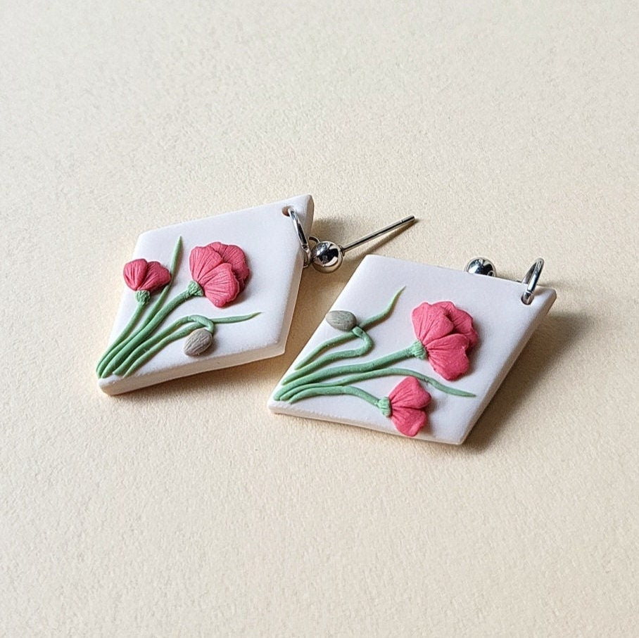 Poppy Flower Earrings, Polymer Clay Earrings, Handmade Jewelry, Gift For Mom, Spring Summer Jewellery