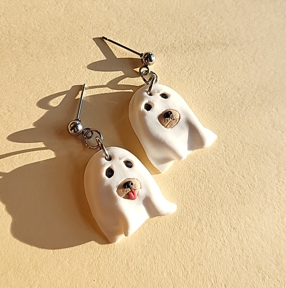 Funny Dog Ghost Earrings • Halloween Earrings  • Polymer Clay Jewelry • Gifts For Her