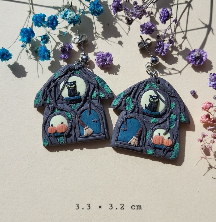 Halloween Earrings Witch Hut Earrings Spooky Cute Cat Jewelry Polymer Clay Jewellery Whimsical Unique Fun Festive Gifts For Her