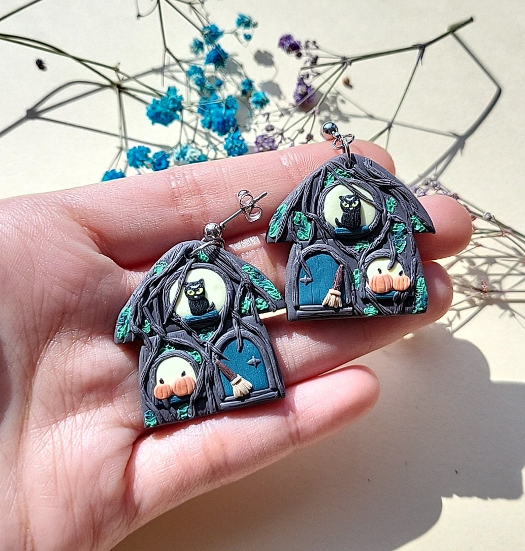 Halloween Earrings Witch Hut Earrings Spooky Cute Cat Jewelry Polymer Clay Jewellery Whimsical Unique Fun Festive Gifts For Her