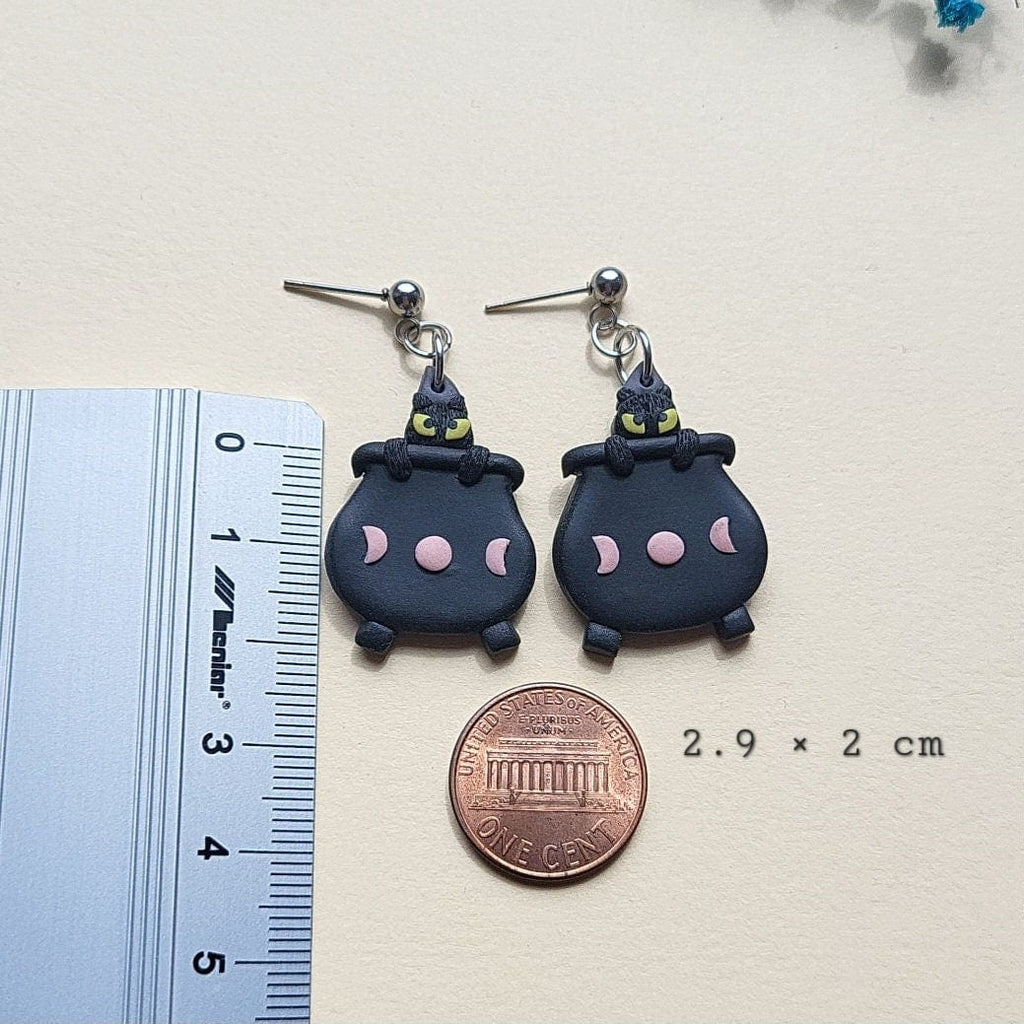 Witch Cauldron Earrings - Halloween Black Cat Earrings