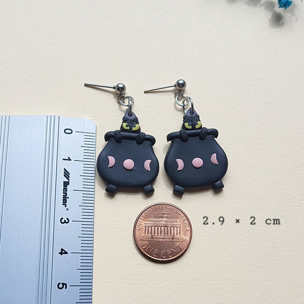 Witch Cauldron Earrings • Black Cat Earrings • Polymer Clay Jewelry • Halloween