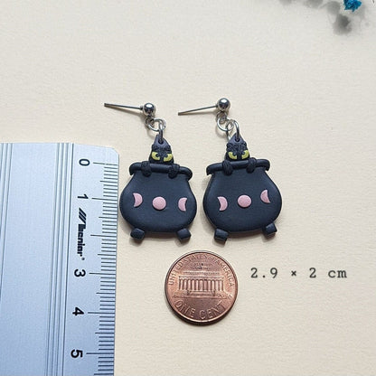 Witch Cauldron Earrings - Halloween Black Cat Earrings