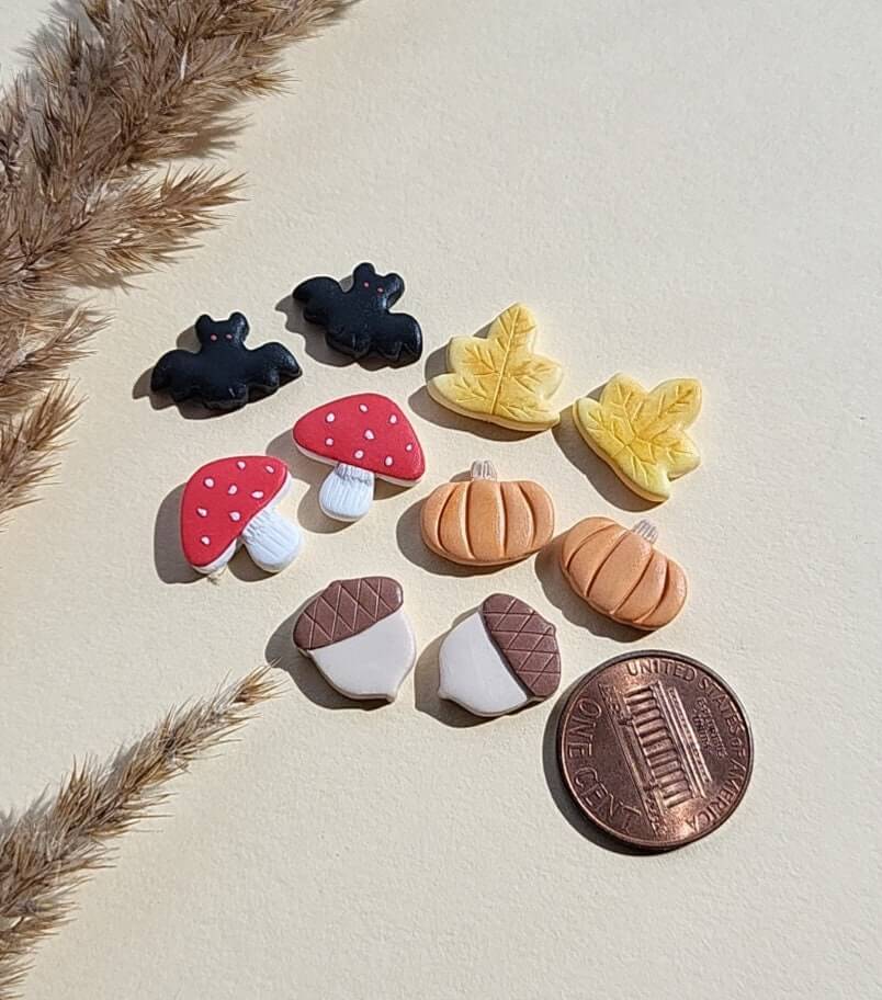 Breloques en argile polymère faites à la main, mélangez et assortissez, citrouille, champignon, gland, feuille d'érable, automne, chute, mignon et amusant