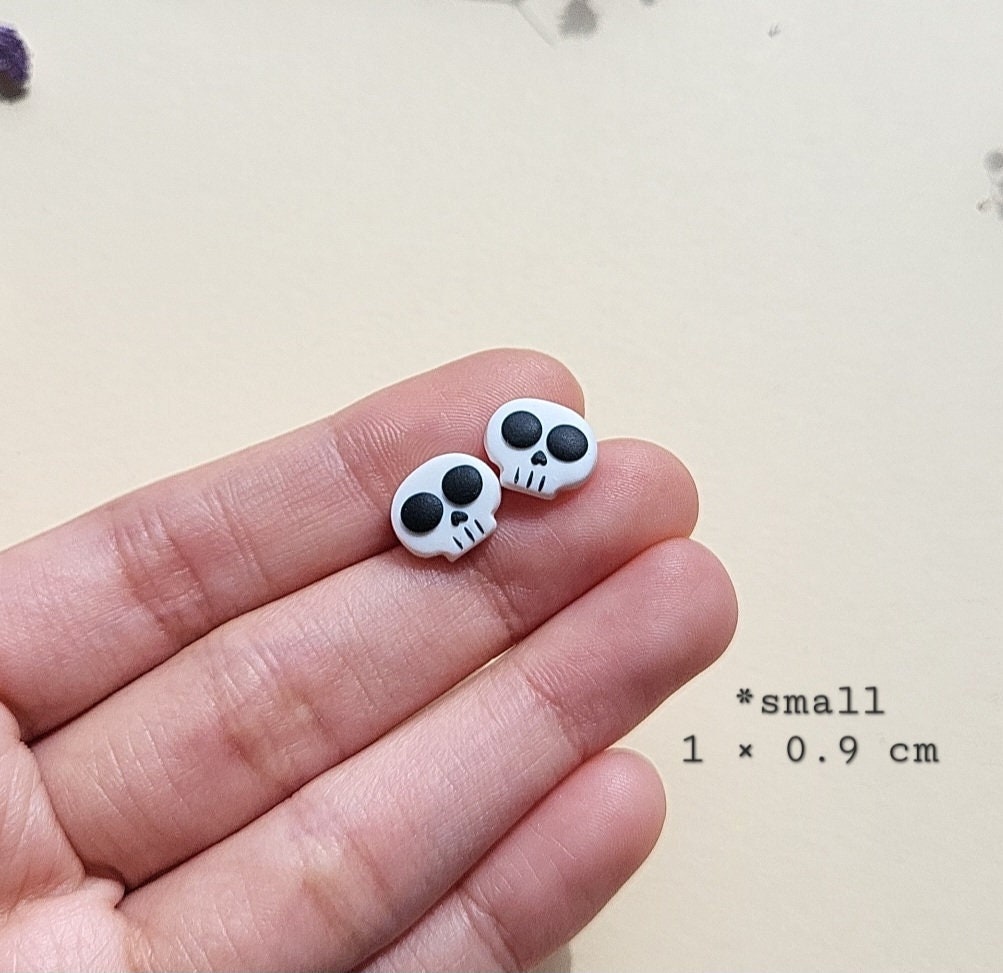 White Skull Stud Earrings, Spooky Jewelry,  Polymer Clay, Halloween