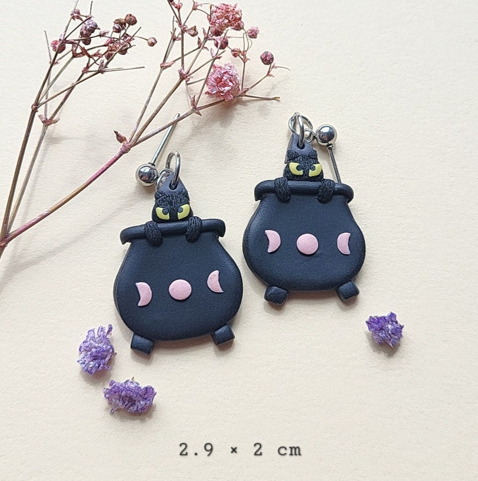 Witch Cauldron Earrings • Black Cat Earrings • Polymer Clay Jewelry • Halloween