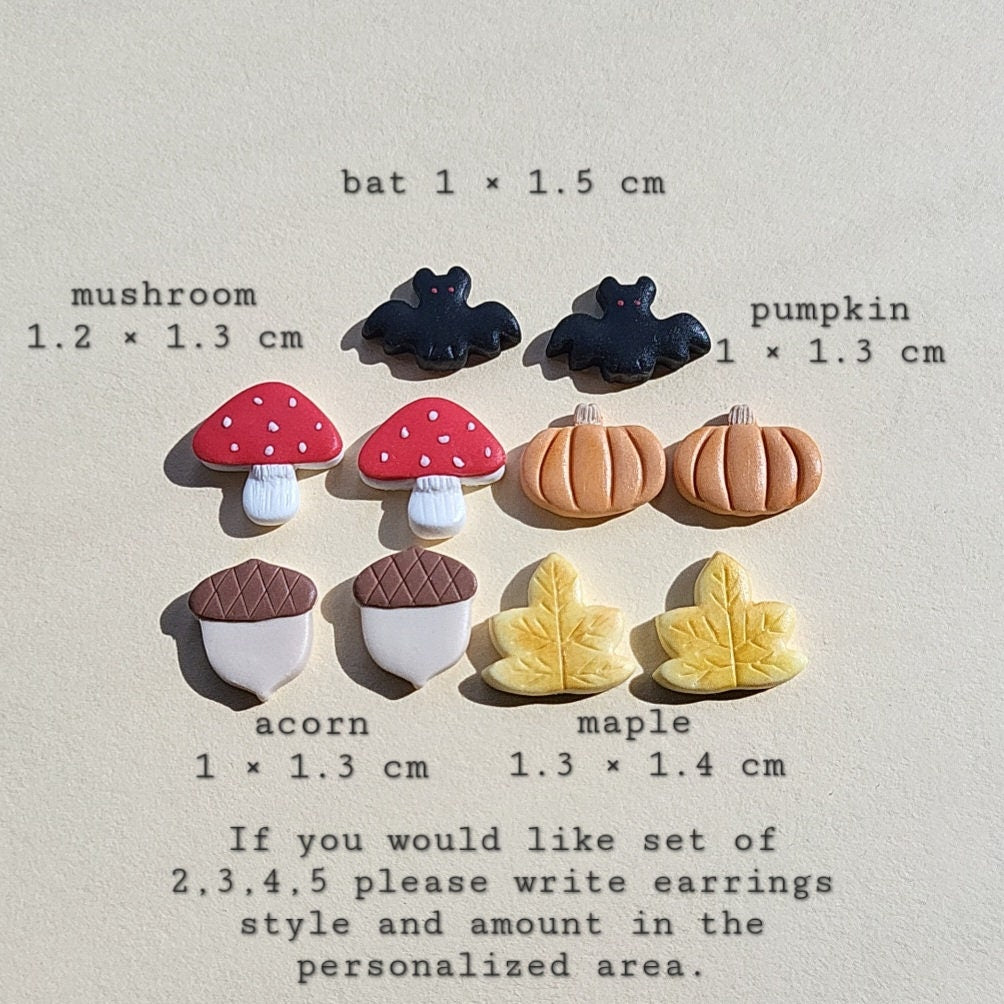 Autumn Fall Stud Packs Pumpkin Mushroom Acorn Maple Leaf Polymer Clay Earrings