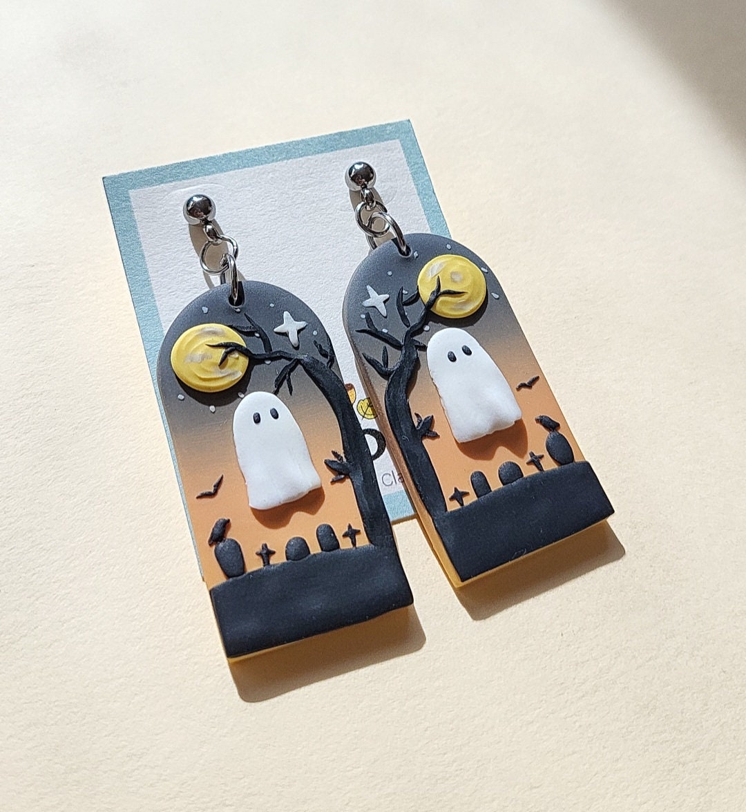 Halloween Ghost Earrings Spooky Cemetery Earrings Autumn Fall Jewelry Handmade Polymer Clay Jewellery Gifts For Her Trick or Treat