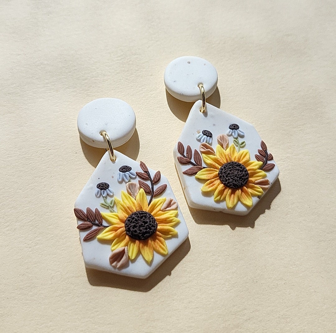 Sunflower Earrings • Floral Clay Jewellery • Handmade Gifts For Mom