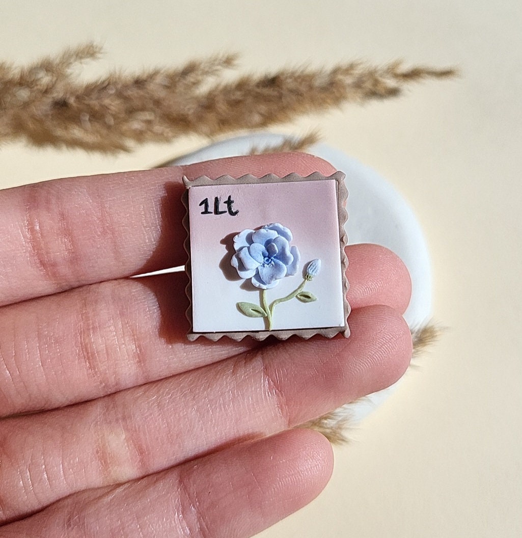 Flower Postage Stamp Brooch, Handmade Polymer Clay Brooch, Gift For Mom