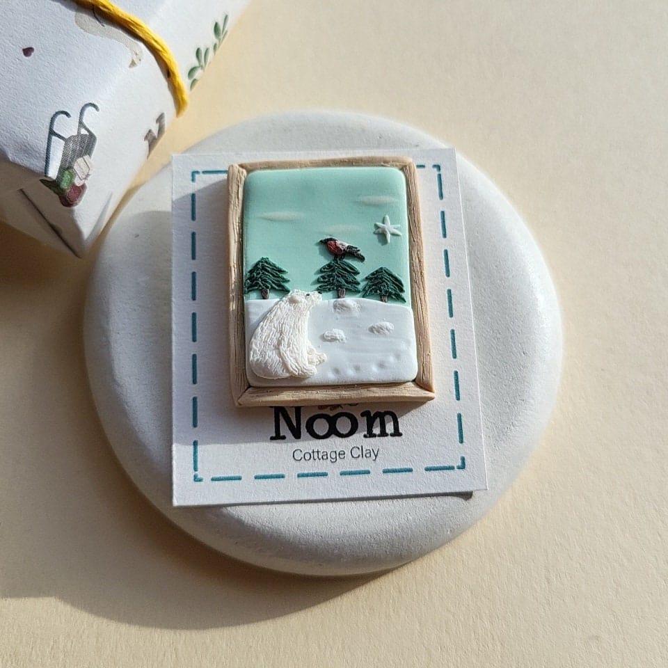 Broche de oso polar y pájaro camachuelo • Broche de arcilla polimérica • Regalo de Navidad • Regalo de Navidad • Lindos regalos de osos polares