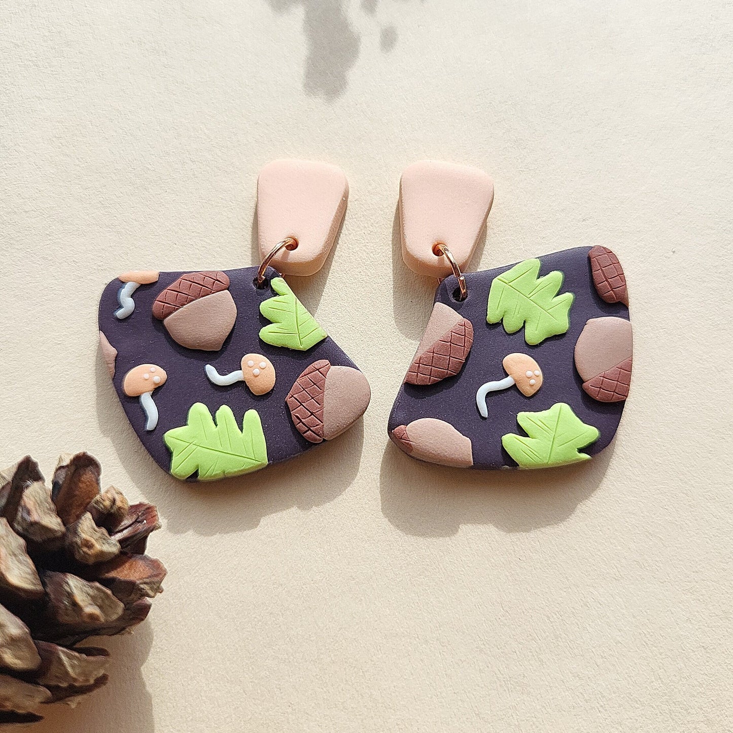 Acorn And Oak Leaf Earrings • Spring Polymer Clay Jewelry