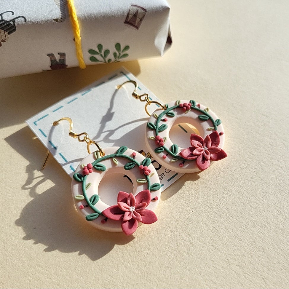 Christmas Wreath Earrings | Poinsettia Flower Clay Jewelry | Cute Holiday Jewellery