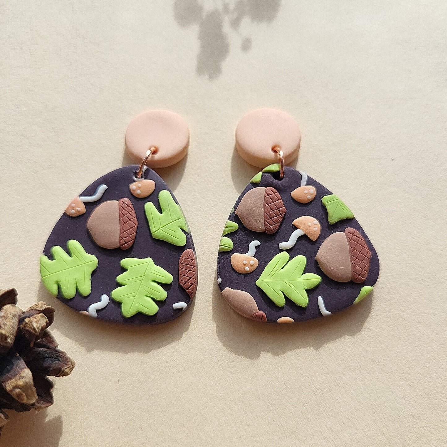 Acorn And Oak Leaf Earrings • Spring Polymer Clay Jewelry