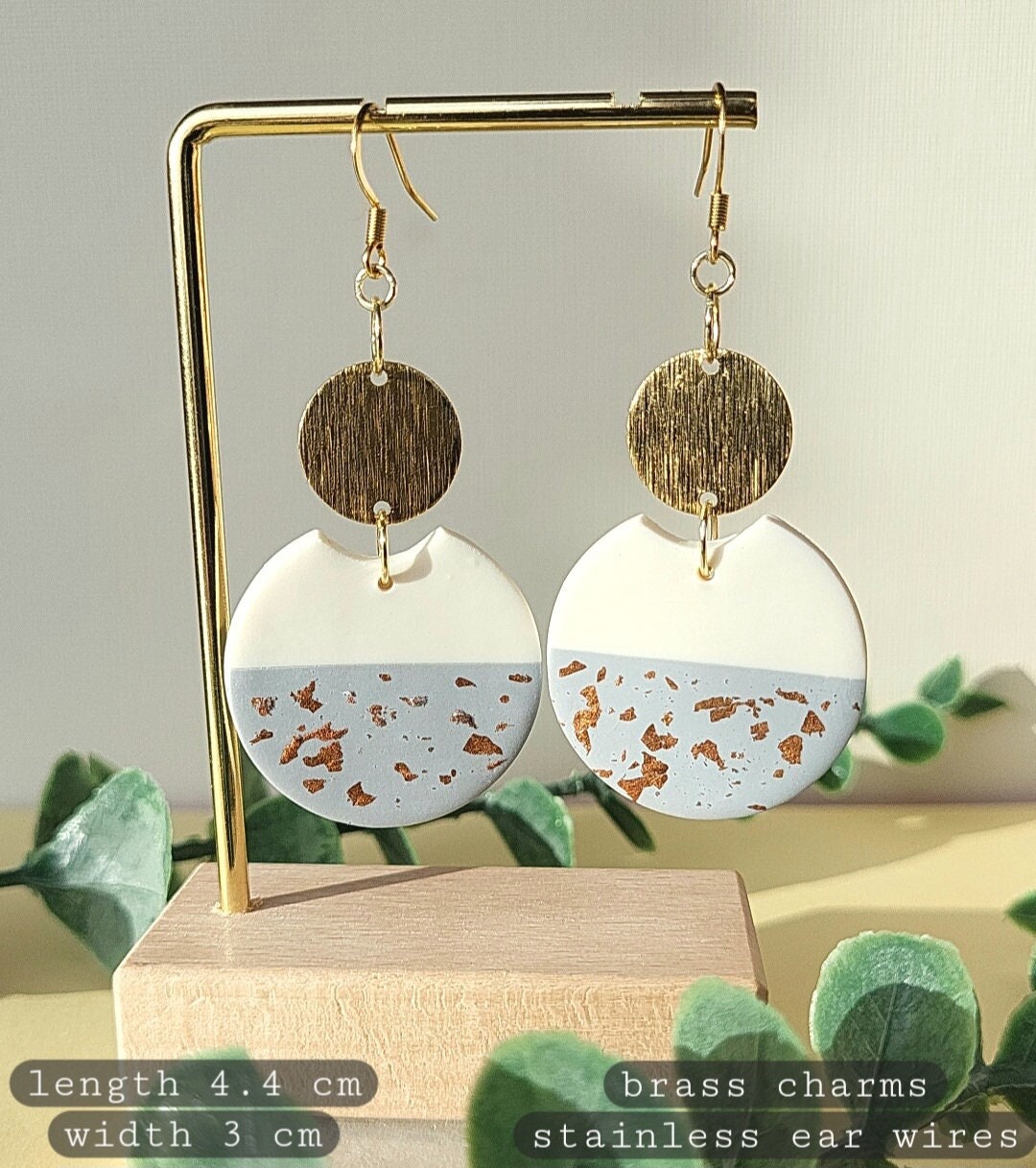 Clay Earrings, Gold Leaf Earrings, Minimalist, Dangle And Drop, Statement Jewelry, Handmade Gift For Her