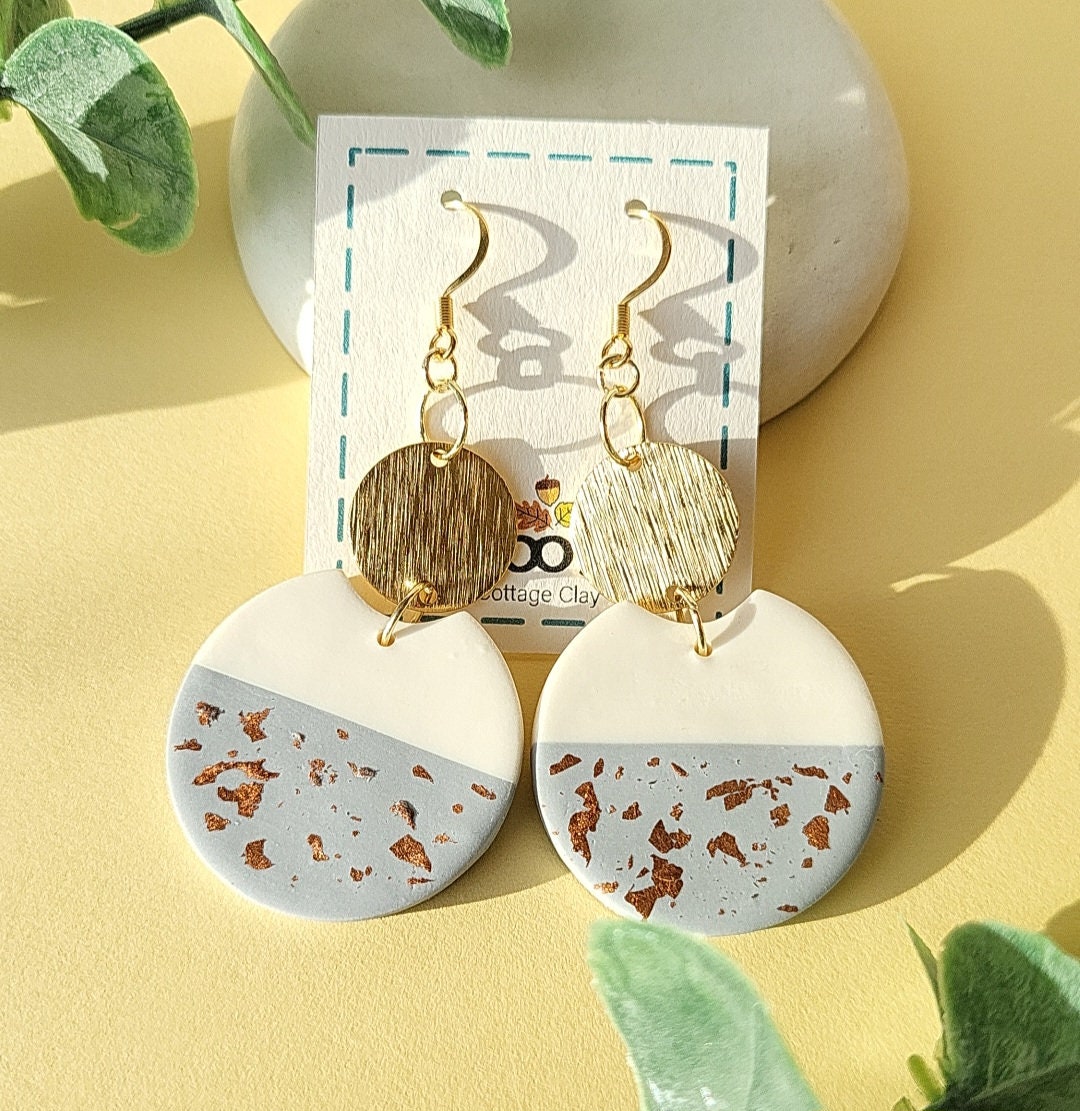 Clay Earrings, Gold Leaf Earrings, Minimalist, Dangle And Drop, Statement Jewelry, Handmade Gift For Her