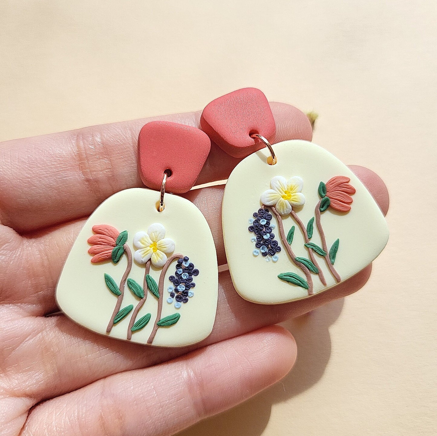 Flower Clay Earrings, Spring, Handmade Jewelry, Gift For Her, Botanical Jewellery, Dainty, Delicate