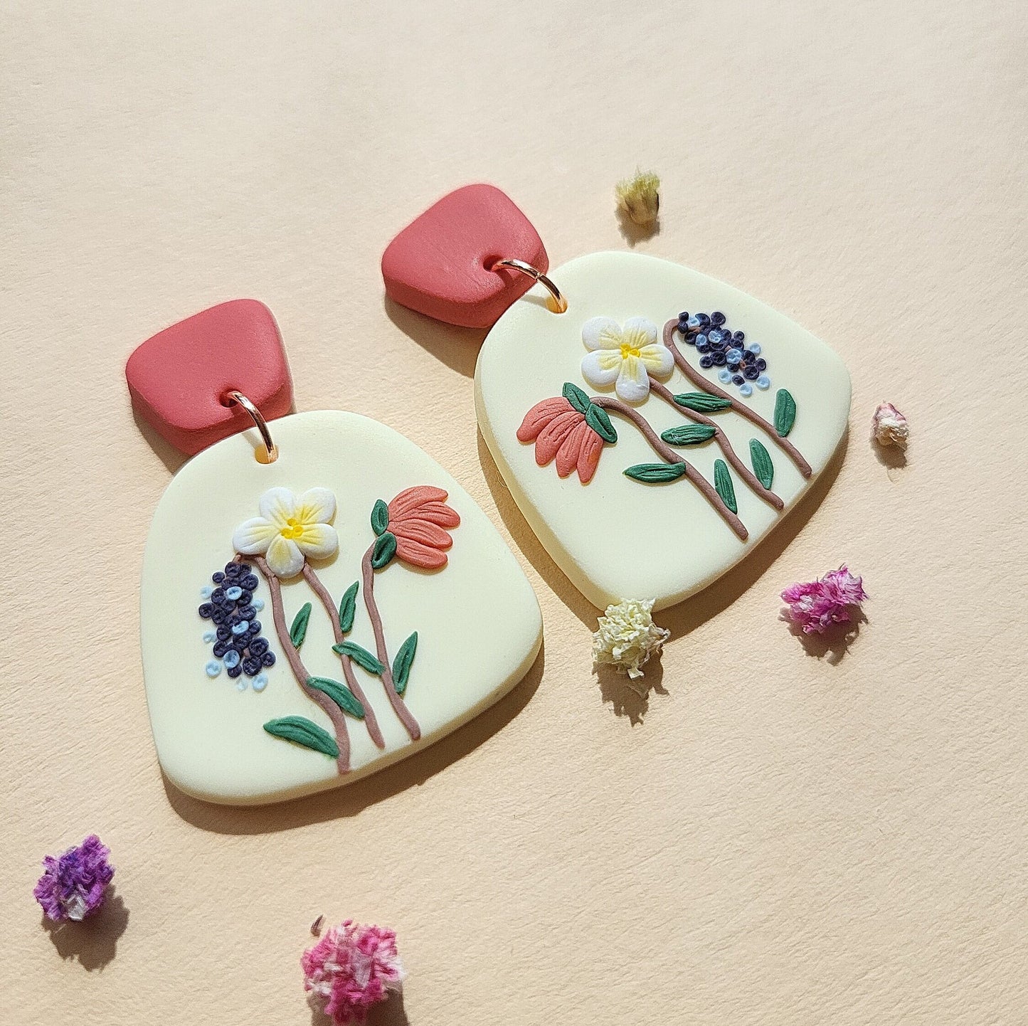 Flower Clay Earrings, Spring, Handmade Jewelry, Gift For Her, Botanical Jewellery, Dainty, Delicate