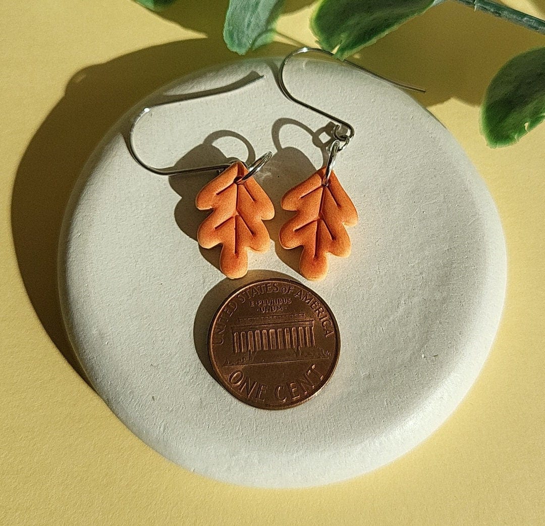Small Dangle Oak Leaf Polymer Clay Earrings