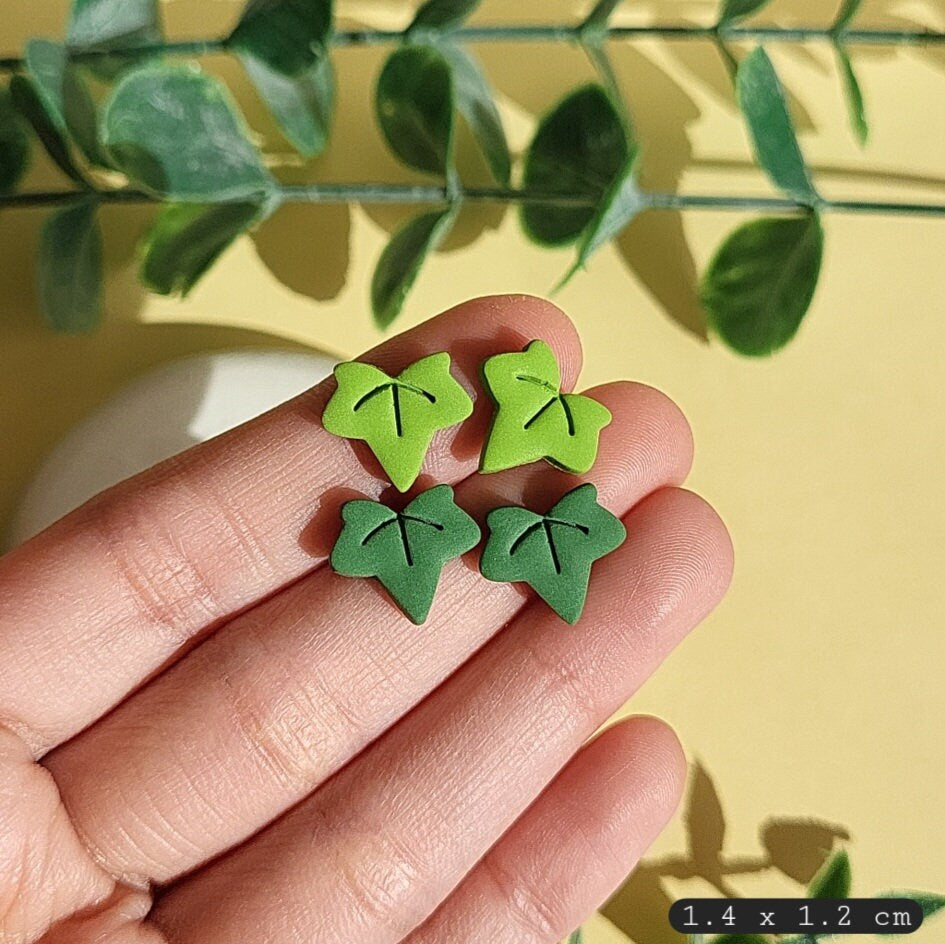 Green Leaf Stud Earrings, Ivy Leaf Earrings, Boho Clay Earrings, Handmade Jewelry, Spring, Summer