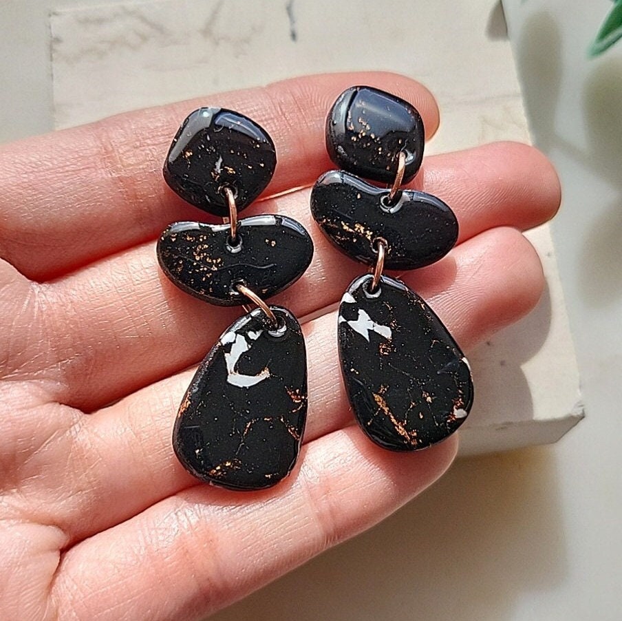 Black Marble Earrings Resin Coated • Polymer Clay Earrings • Handmade Jewelry • Trendy And Modern