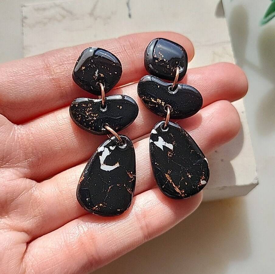 Black Marble Earrings Resin Coated - Polymer Clay Earrings