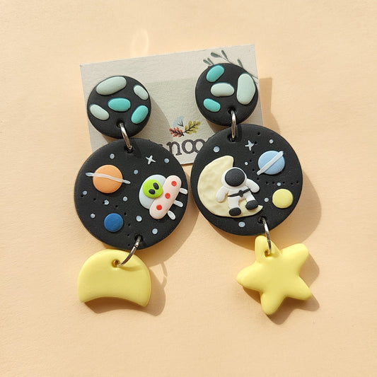 Space Astronaut Earrings, UFO Alien Galaxy Jewelry, Cute Earrings, Moon Phase Star, Clip-Ons, Christmas Gift for Her