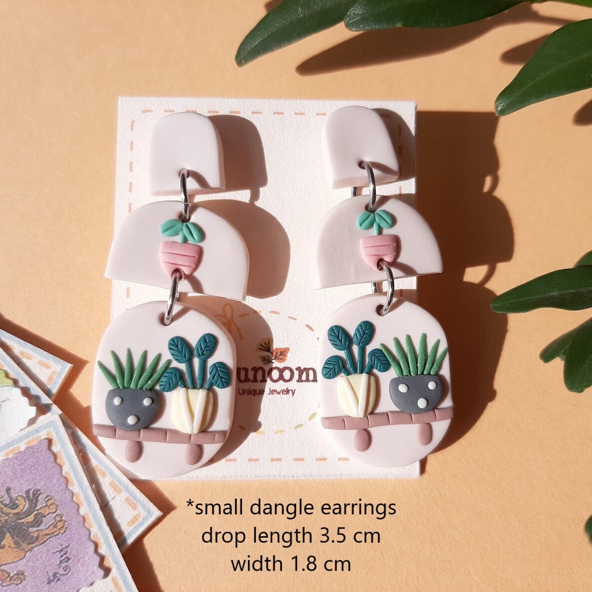 Small Dangle Plant Shelf Earrings •Plant Lover Gift For Women • Handmade Polymer Clay Jewelry