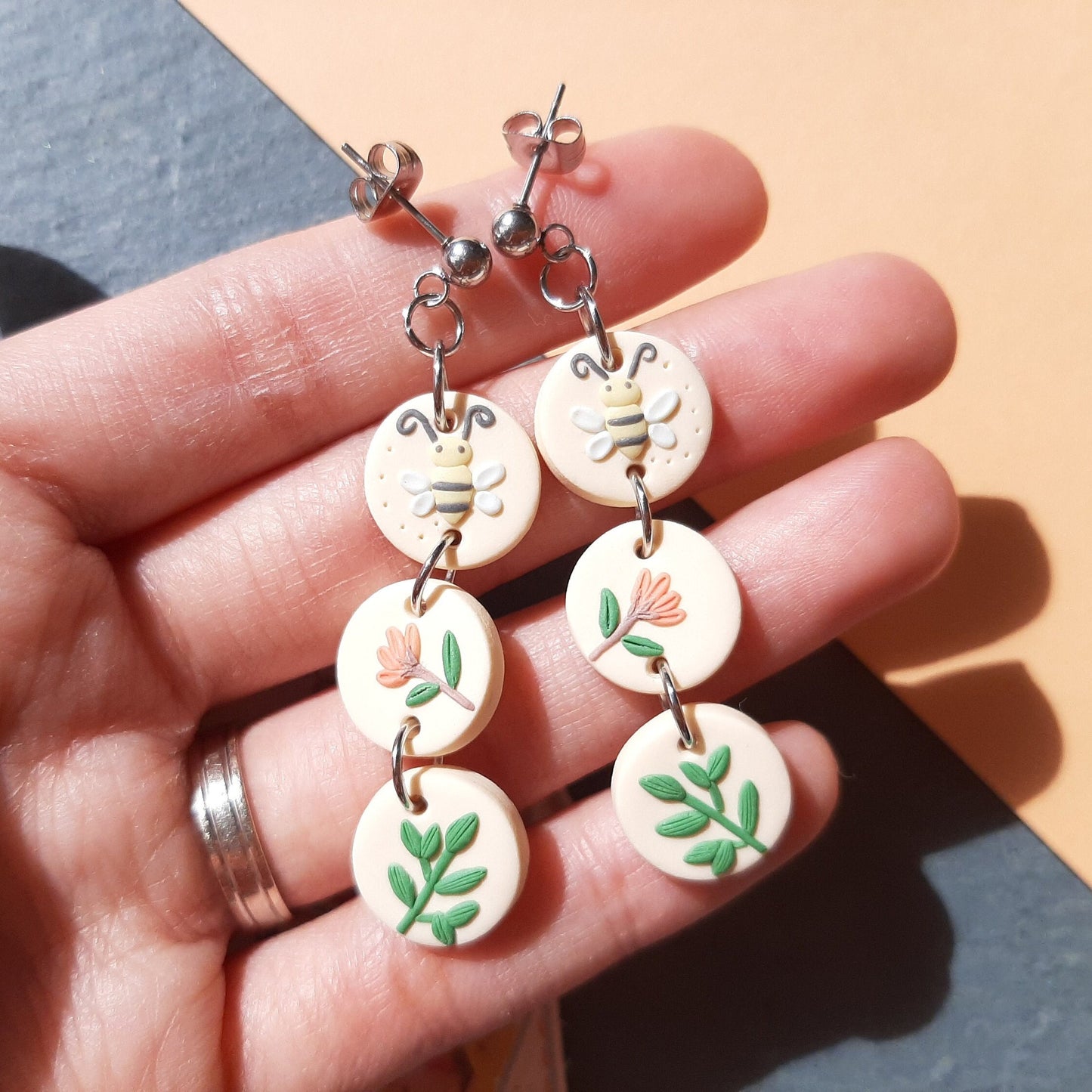 Dangle Flower And Leaf With Cute Bee Earrings In Small Circle Shapes, Statement Jewelry, Polymer Clay, Spring Summer, Unique Gift For Mother