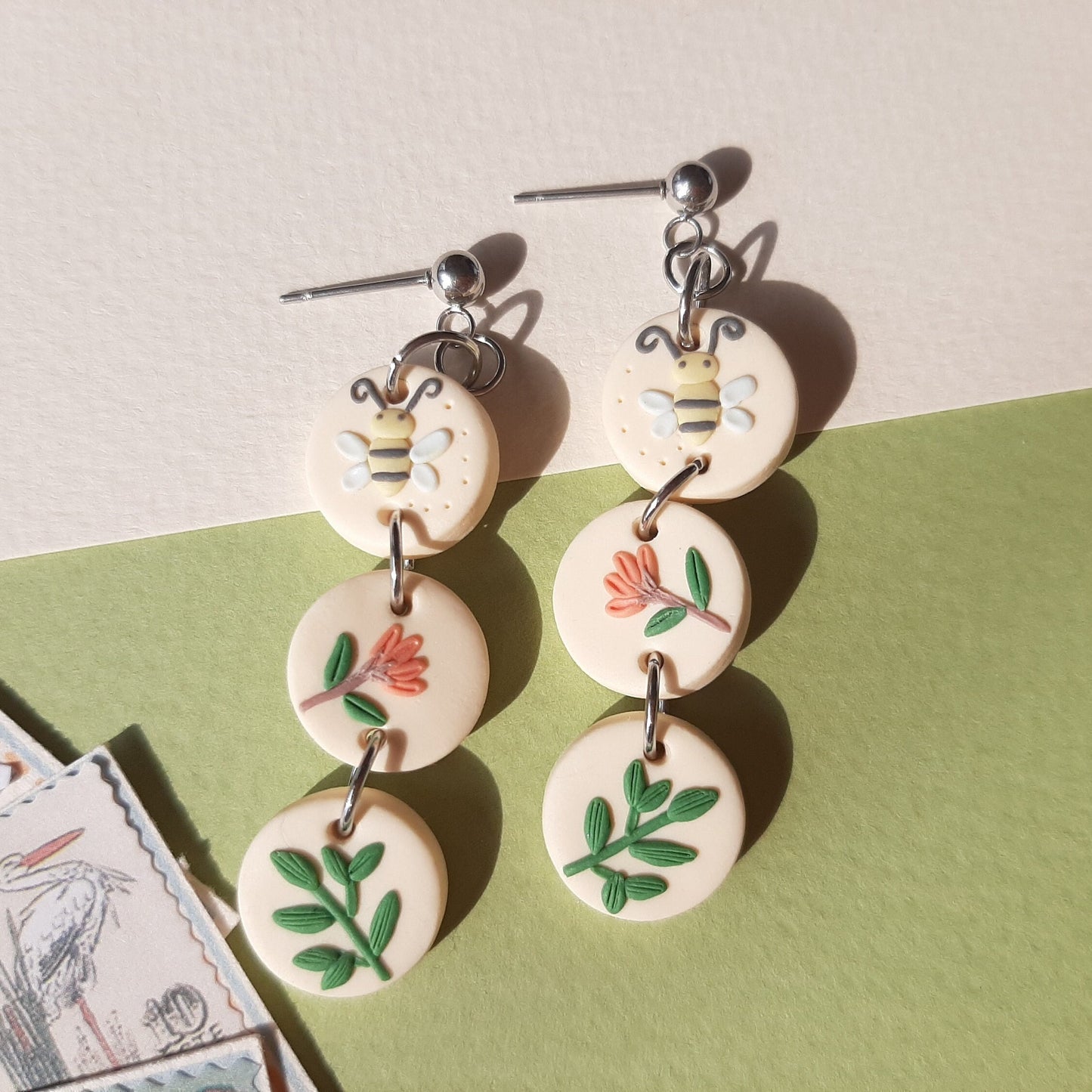 Dangle Flower And Leaf With Cute Bee Earrings In Small Circle Shapes, Statement Jewelry, Polymer Clay, Spring Summer, Unique Gift For Mother