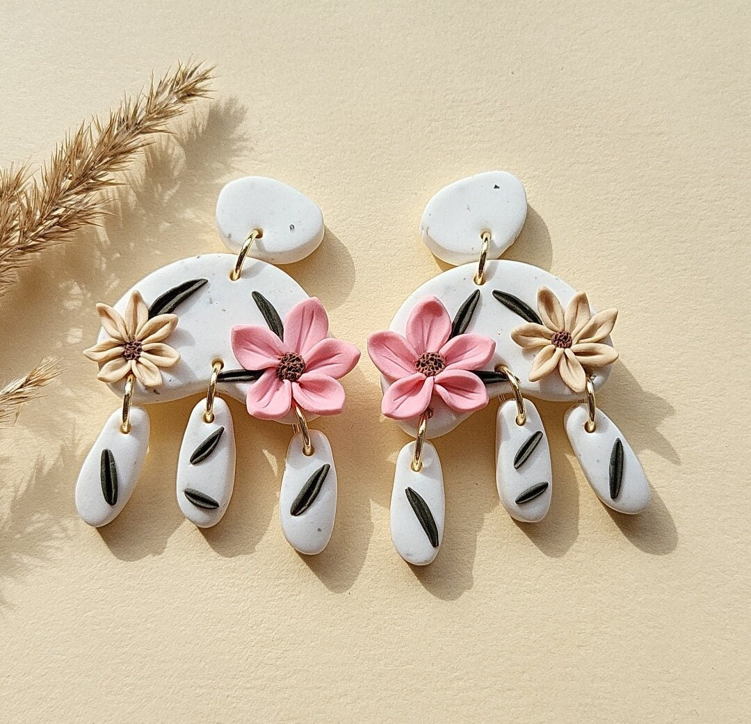 Flower Earrings, Polymer Clay Jewelry, Statement Earrings, Clip On Earrings For Non Piercing Available